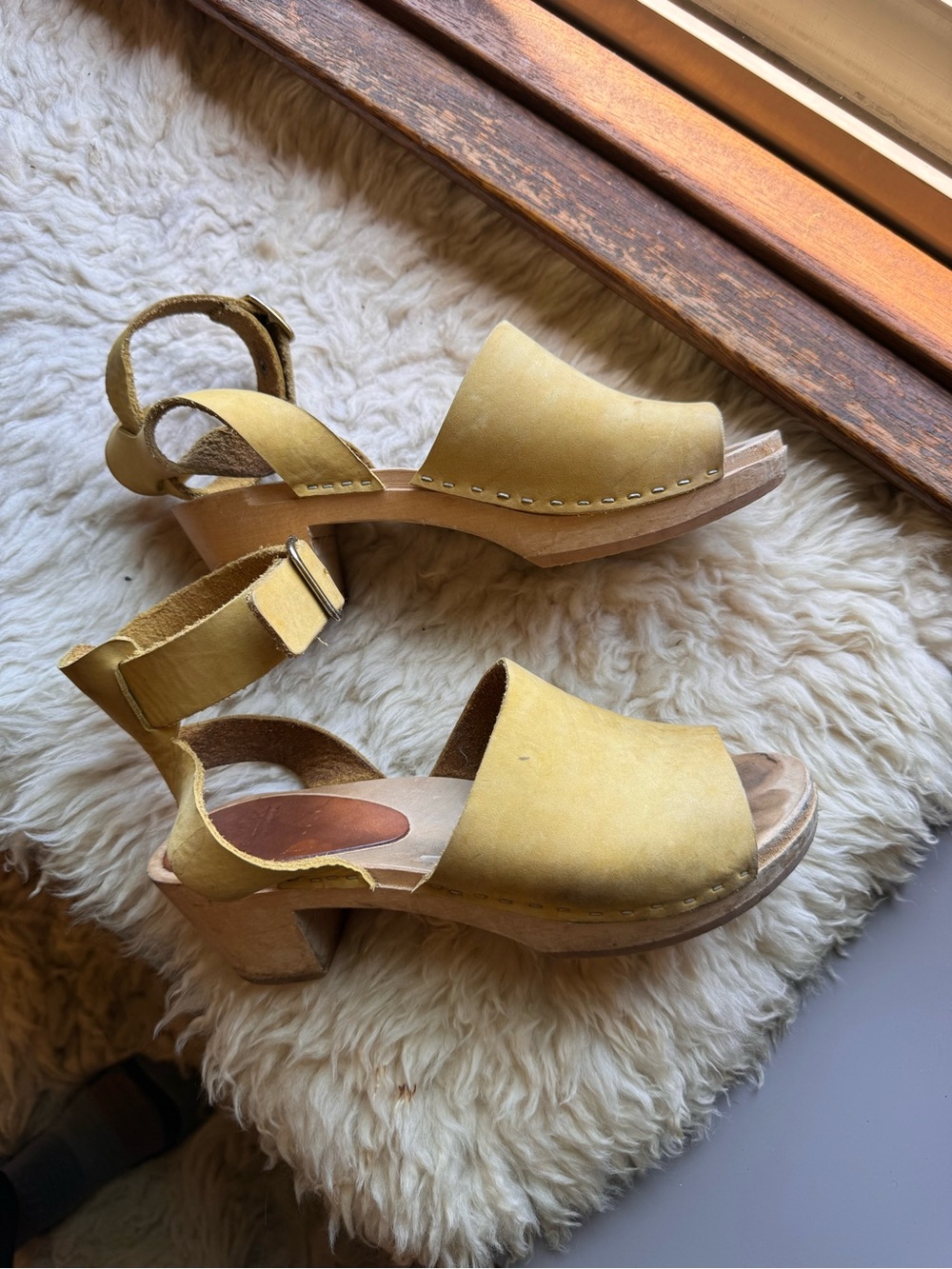 Bryr Yellow leather Platform Clogs with Ankle Strap